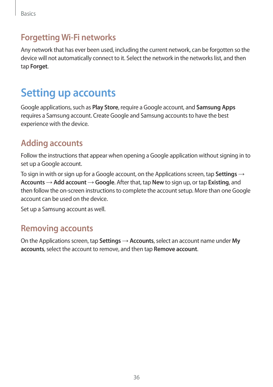 Samsung SM-G386FZWADBT, SM-G386FZKAPRT Setting up accounts, Forgetting Wi-Fi networks, Adding accounts, Removing accounts 