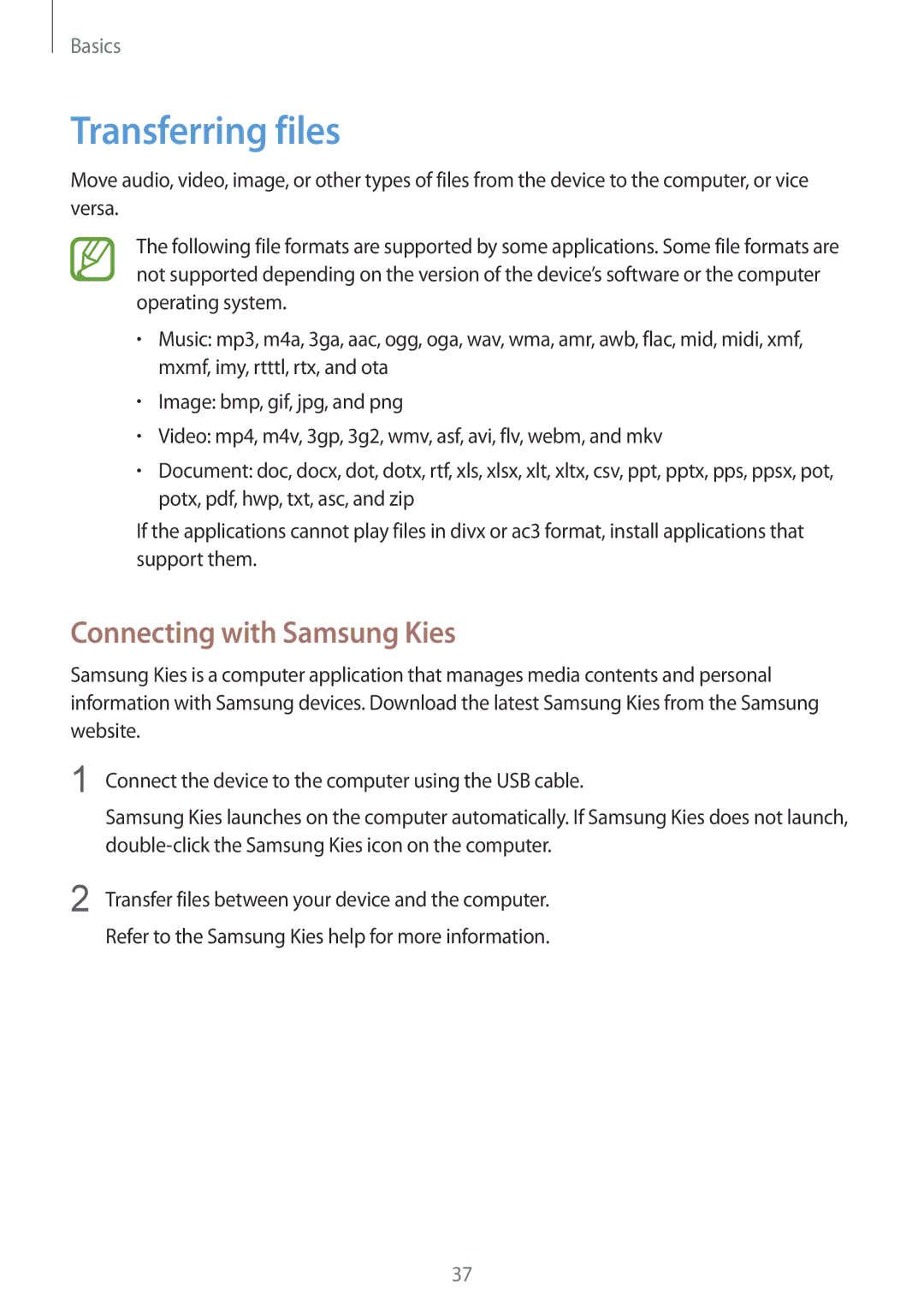 Samsung SM-G386FZWASEB, SM-G386FZKAPRT, SM-G386FZWADBT, SM-G386FZKASEB manual Transferring files, Connecting with Samsung Kies 