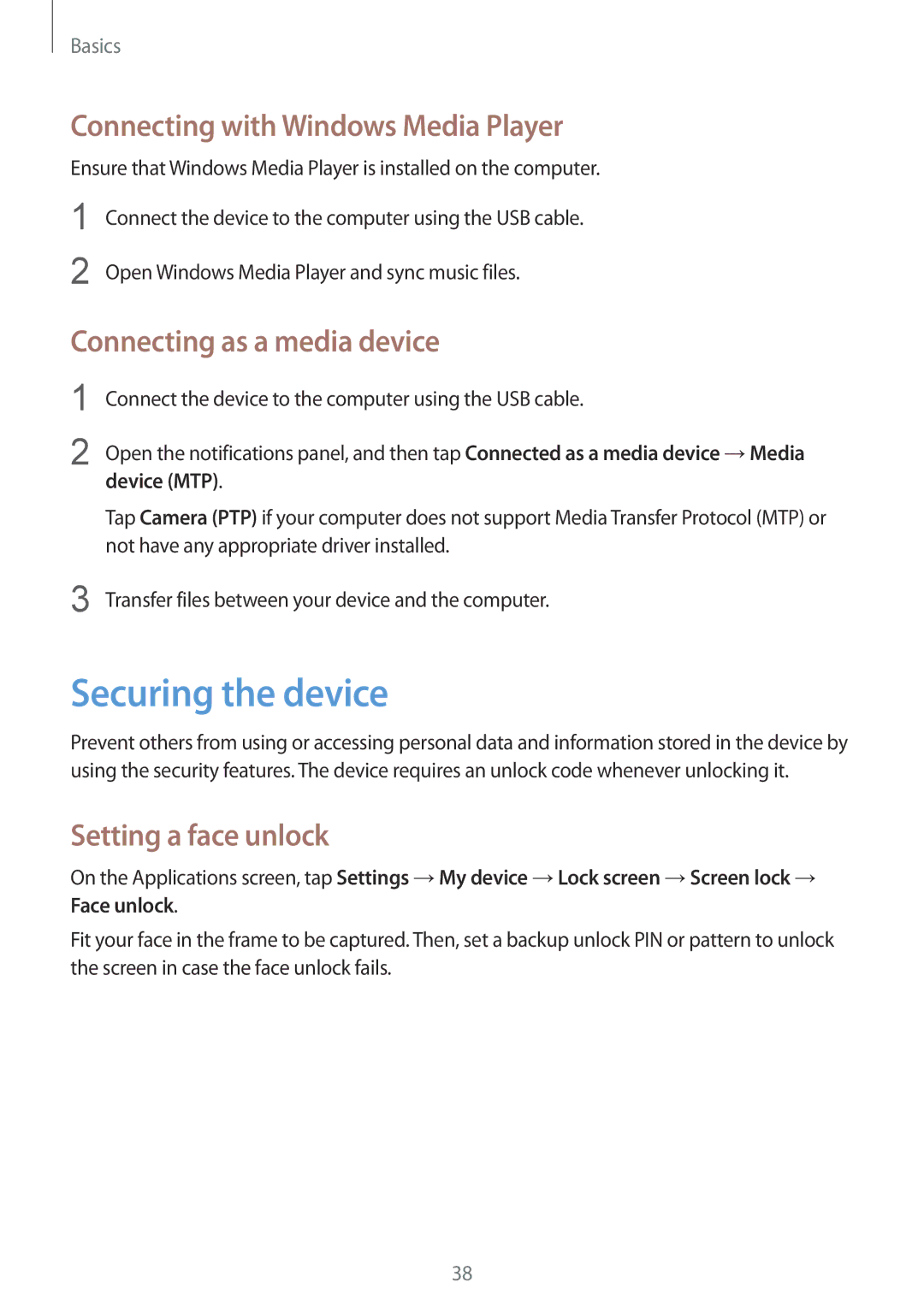 Samsung SM-G386FZKASEB Securing the device, Connecting with Windows Media Player, Connecting as a media device, Device MTP 