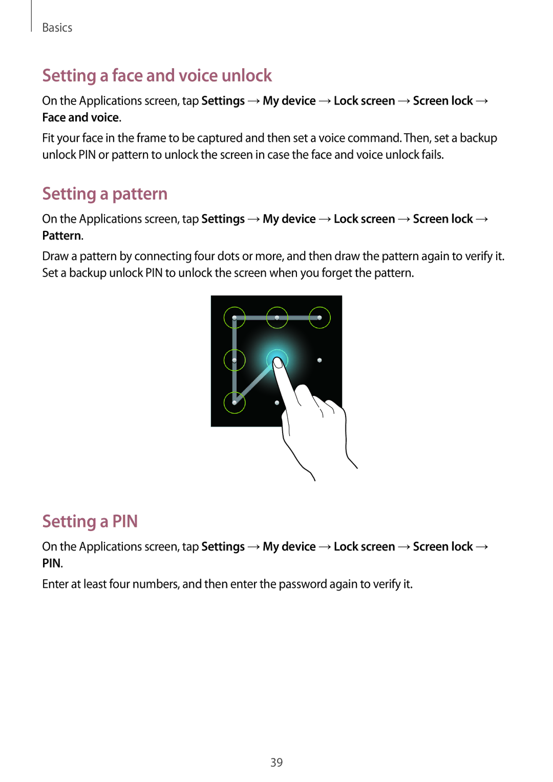 Samsung SM-G386FZWAPRT, SM-G386FZKAPRT, SM-G386FZWADBT Setting a face and voice unlock, Setting a pattern, Setting a PIN 