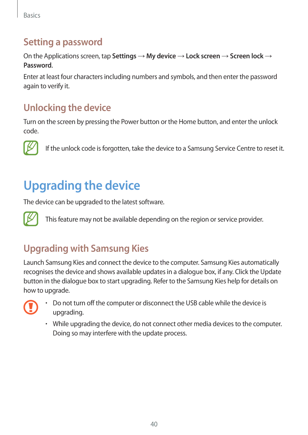Samsung SM-G386FZKADBT manual Upgrading the device, Setting a password, Unlocking the device, Upgrading with Samsung Kies 