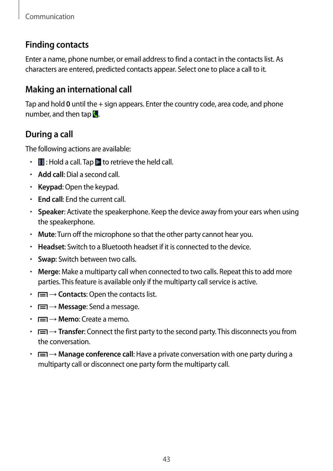 Samsung SM-G386FZWAVGF, SM-G386FZKAPRT, SM-G386FZWADBT manual Finding contacts, Making an international call, During a call 