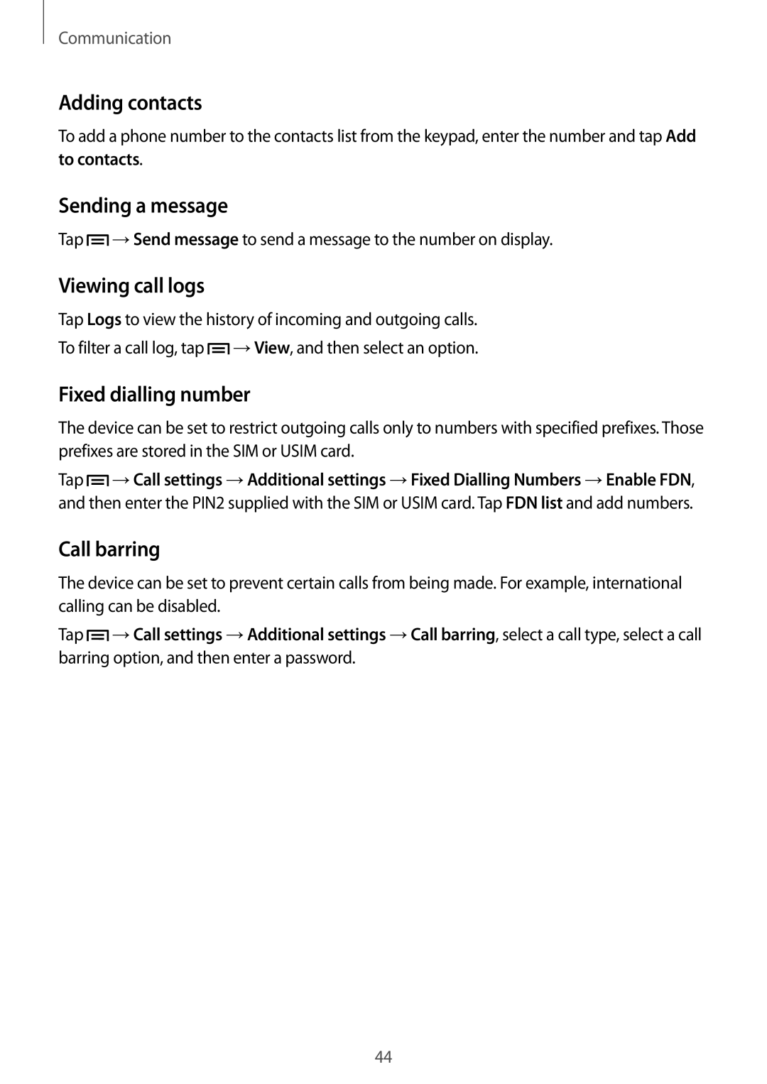 Samsung SM-G386FZWAXEF manual Adding contacts, Sending a message, Viewing call logs, Fixed dialling number, Call barring 