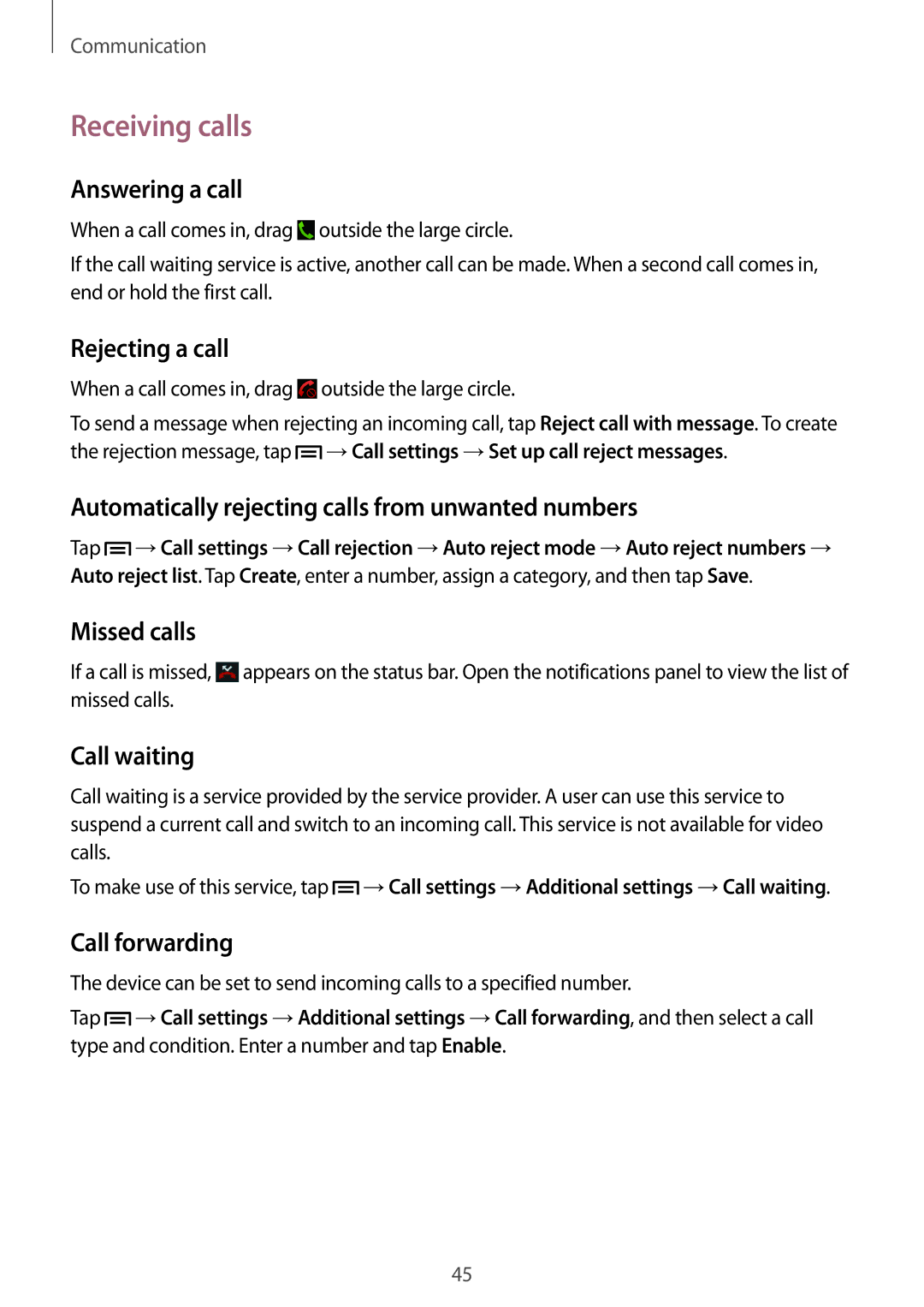 Samsung SM-G386FZWANRJ, SM-G386FZKAPRT, SM-G386FZWADBT, SM-G386FZWASEB, SM-G386FZKASEB, SM-G386FZWAPRT manual Receiving calls 