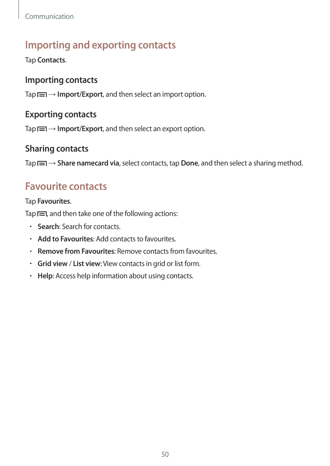 Samsung SM-G386FZWAITV manual Importing and exporting contacts, Favourite contacts, Importing contacts, Exporting contacts 