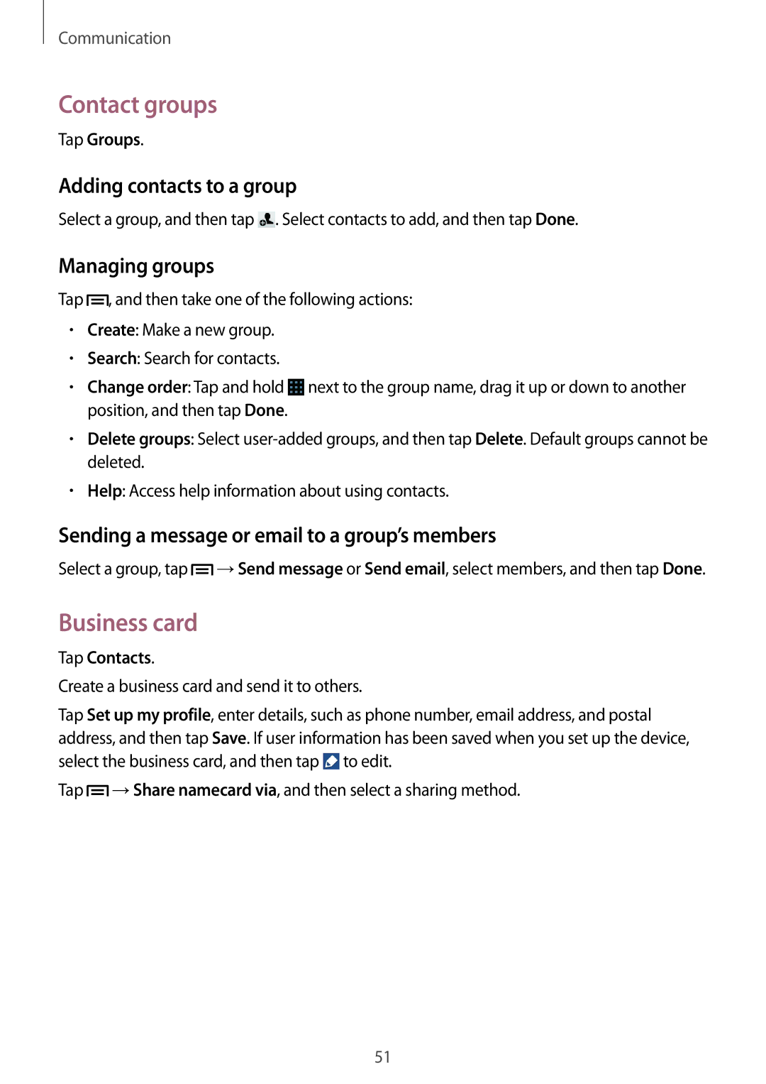 Samsung SM-G386FZWALUX, SM-G386FZKAPRT manual Contact groups, Business card, Adding contacts to a group, Managing groups 