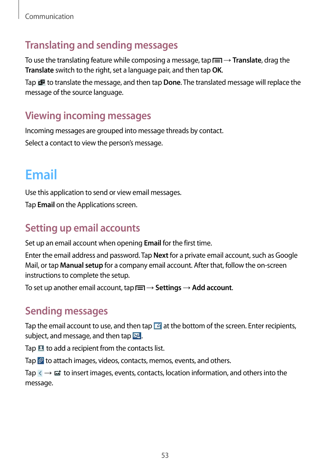 Samsung SM-G386FZWAAMO manual Translating and sending messages, Viewing incoming messages, Setting up email accounts 