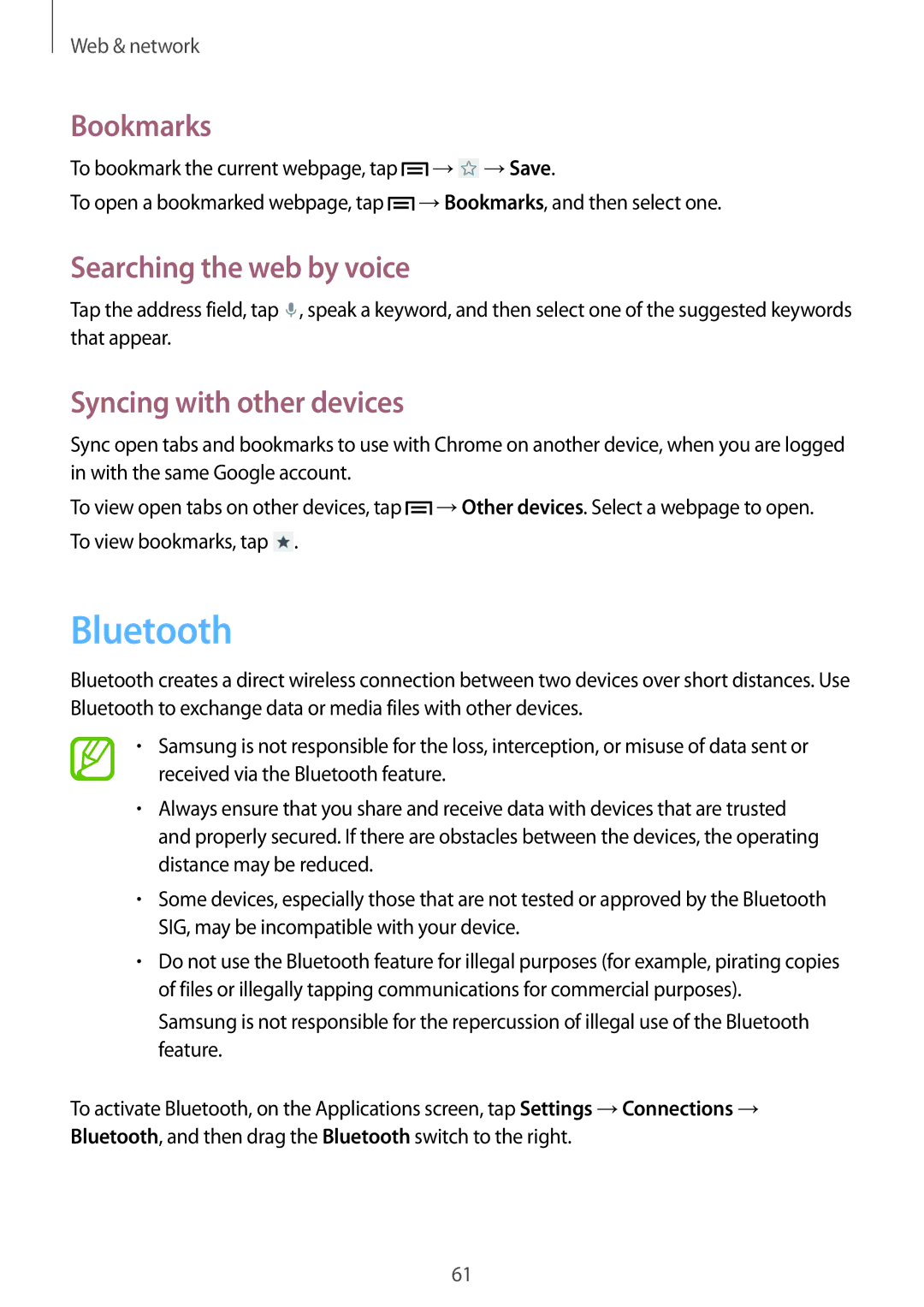 Samsung SM-G386FZKAXEO, SM-G386FZKAPRT, SM-G386FZWADBT, SM-G386FZWASEB, SM-G386FZKASEB Bluetooth, Syncing with other devices 