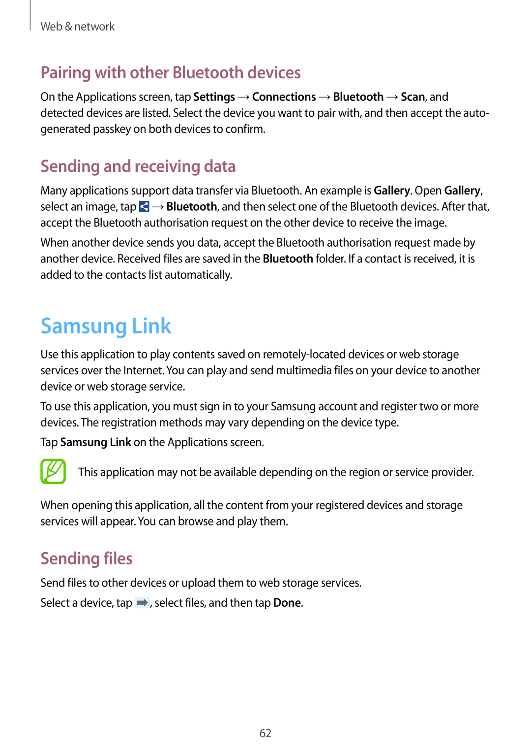 Samsung SM-G386FZKAPAN manual Samsung Link, Pairing with other Bluetooth devices, Sending and receiving data, Sending files 