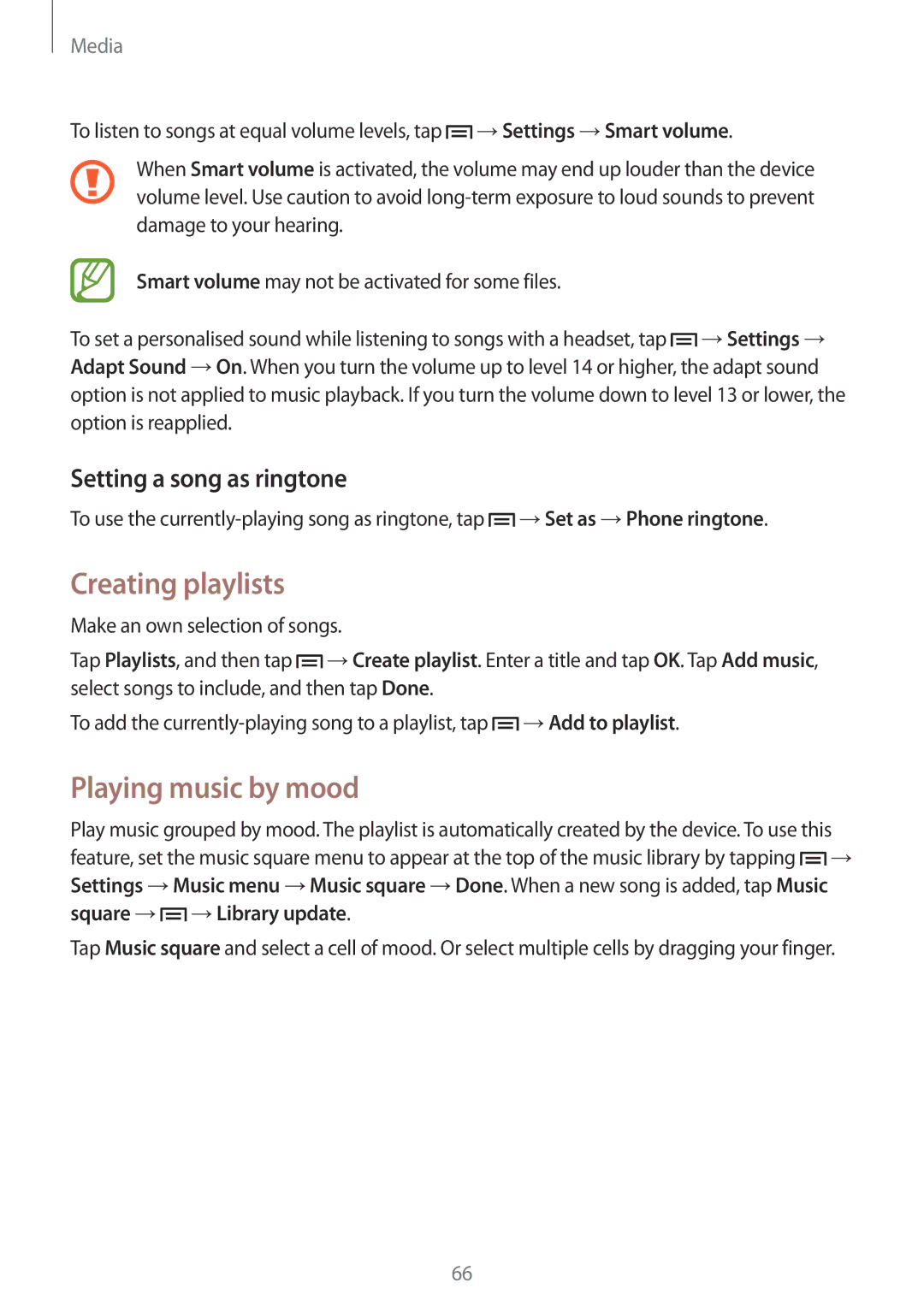 Samsung SM-G386FZKANEE, SM-G386FZKAPRT manual Creating playlists, Playing music by mood, Setting a song as ringtone 
