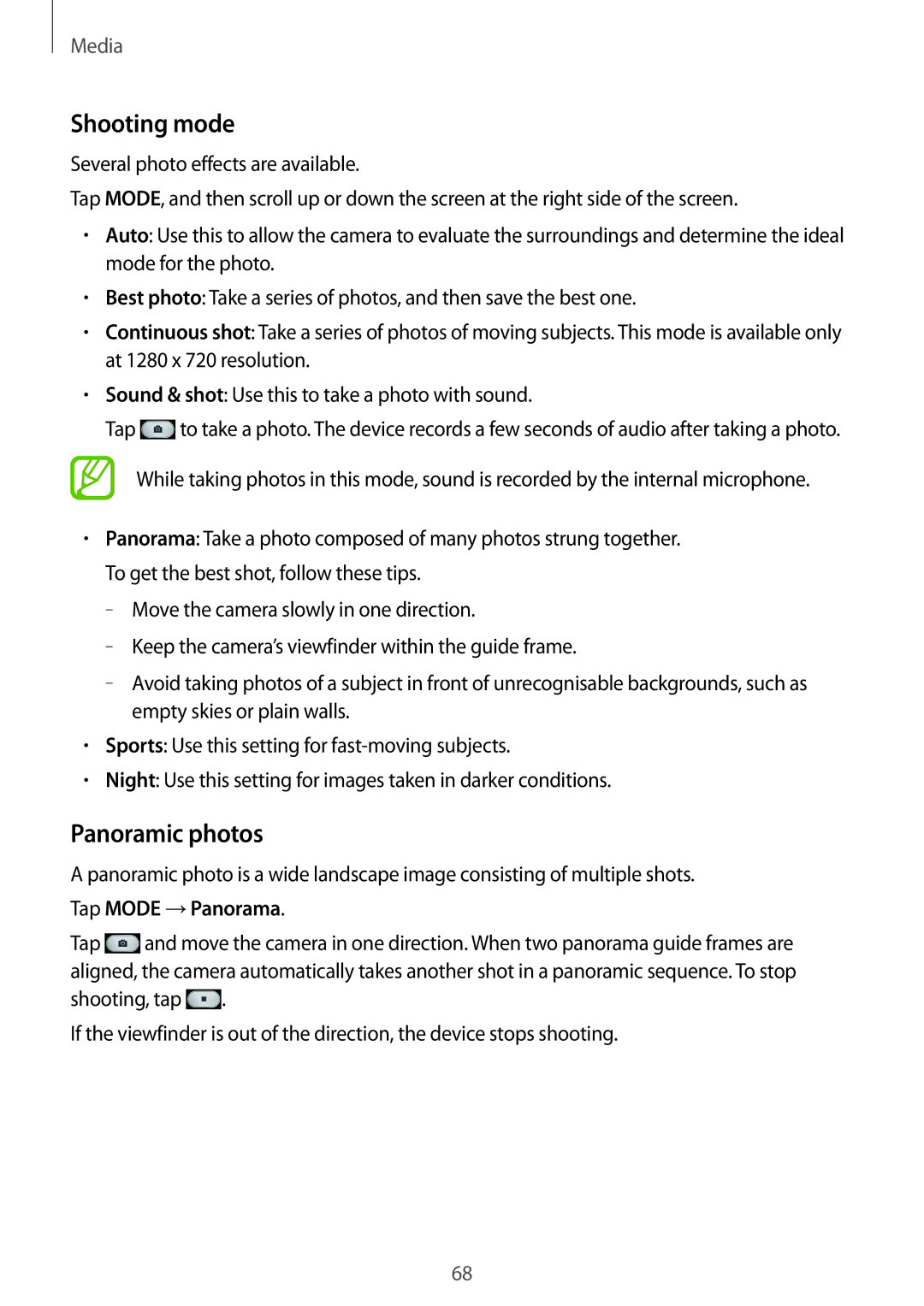 Samsung SM-G386FZWASER, SM-G386FZKAPRT, SM-G386FZWADBT, SM-G386FZWASEB, SM-G386FZKASEB manual Shooting mode, Panoramic photos 