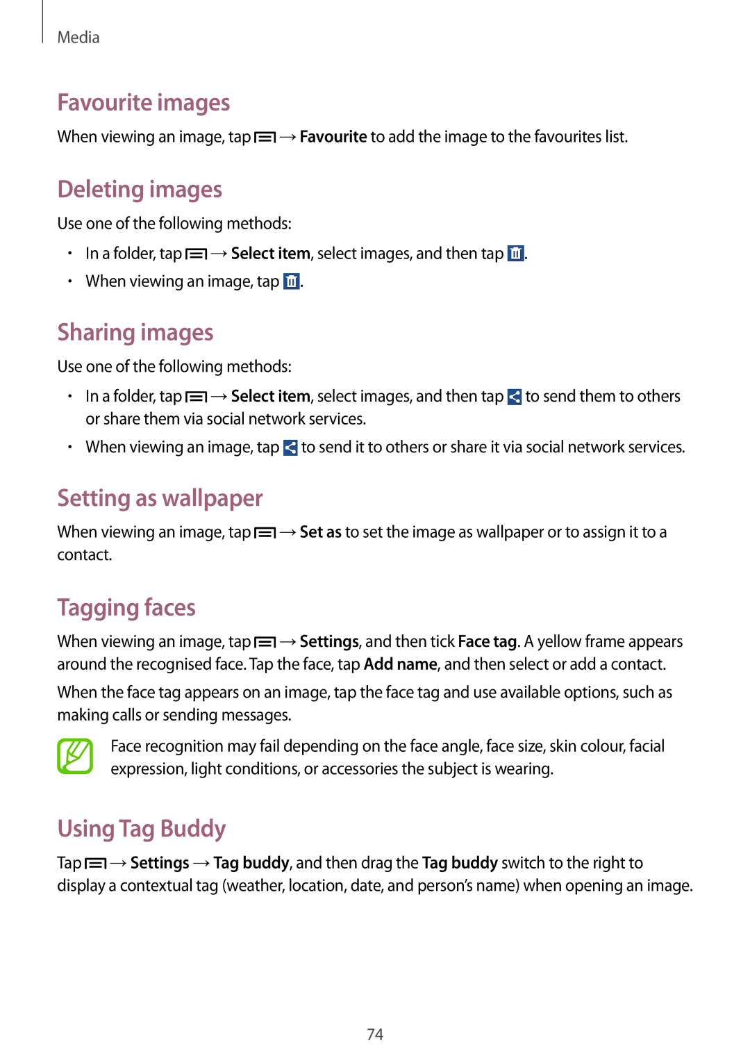 Samsung SM-G386FZWAPRT manual Favourite images, Deleting images, Sharing images, Setting as wallpaper, Tagging faces 