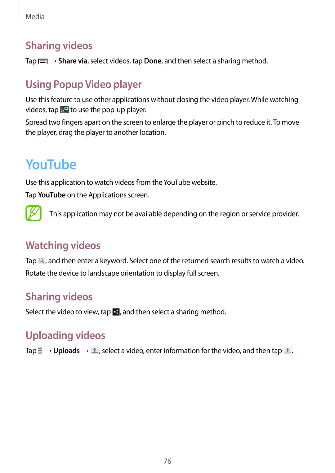 Samsung SM-G386FZKANRJ manual YouTube, Sharing videos, Using Popup Video player, Watching videos, Uploading videos 