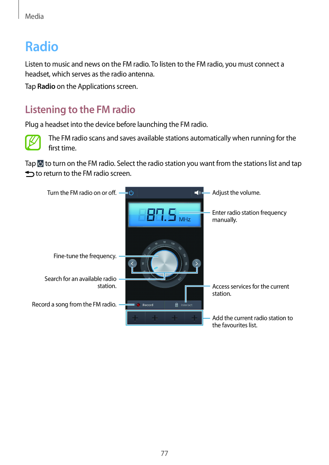 Samsung SM-G386FZKAXEF, SM-G386FZKAPRT, SM-G386FZWADBT, SM-G386FZWASEB, SM-G386FZKASEB manual Radio, Listening to the FM radio 