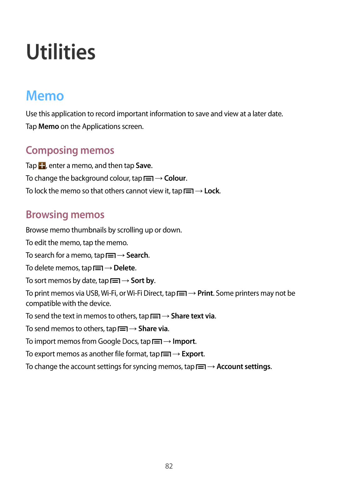 Samsung SM-G386FZWAHUI, SM-G386FZKAPRT, SM-G386FZWADBT, SM-G386FZWASEB manual Utilities, Memo, Composing memos, Browsing memos 