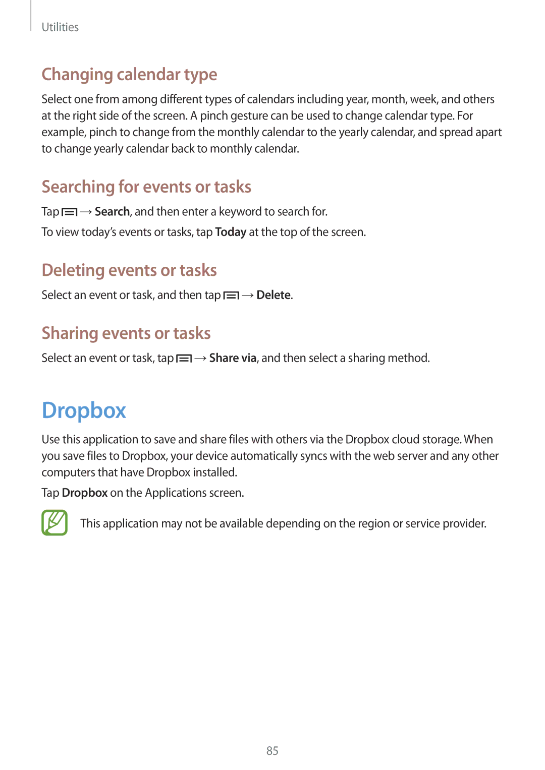 Samsung SM-G386FZWAITV manual Dropbox, Changing calendar type, Searching for events or tasks, Deleting events or tasks 