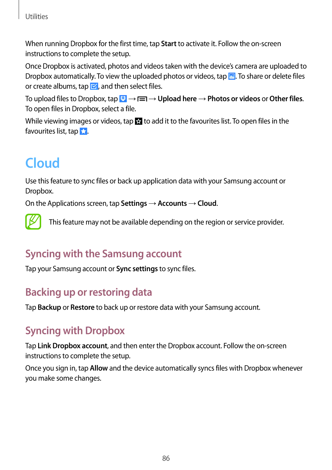 Samsung SM-G386FZWALUX manual Cloud, Syncing with the Samsung account, Backing up or restoring data, Syncing with Dropbox 