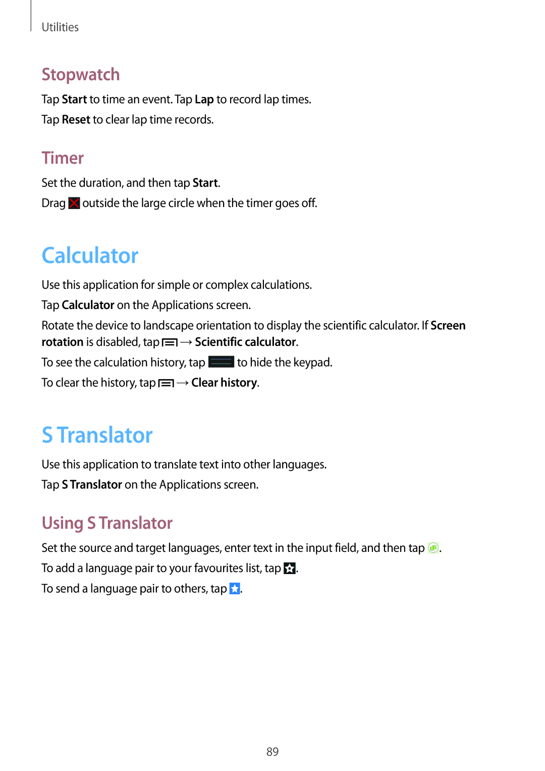 Samsung SM-G386FZKAAMO, SM-G386FZKAPRT, SM-G386FZWADBT, SM-G386FZWASEB Calculator, Stopwatch, Timer, Using S Translator 