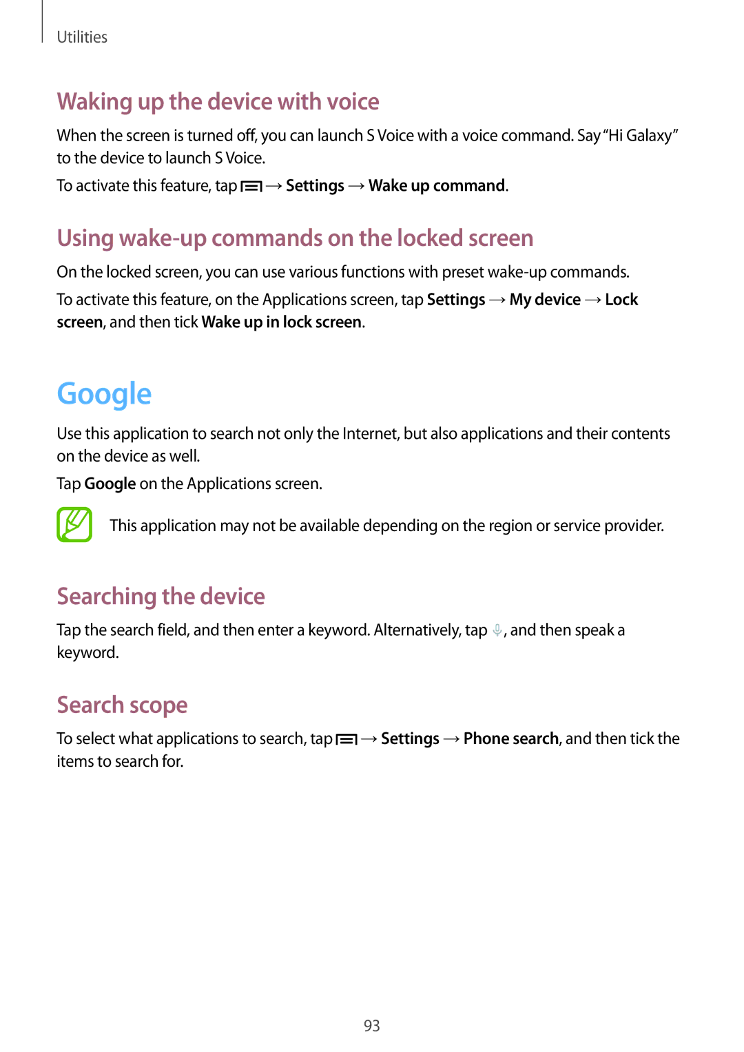 Samsung SM-G386FZKATMH Google, Waking up the device with voice, Using wake-up commands on the locked screen, Search scope 