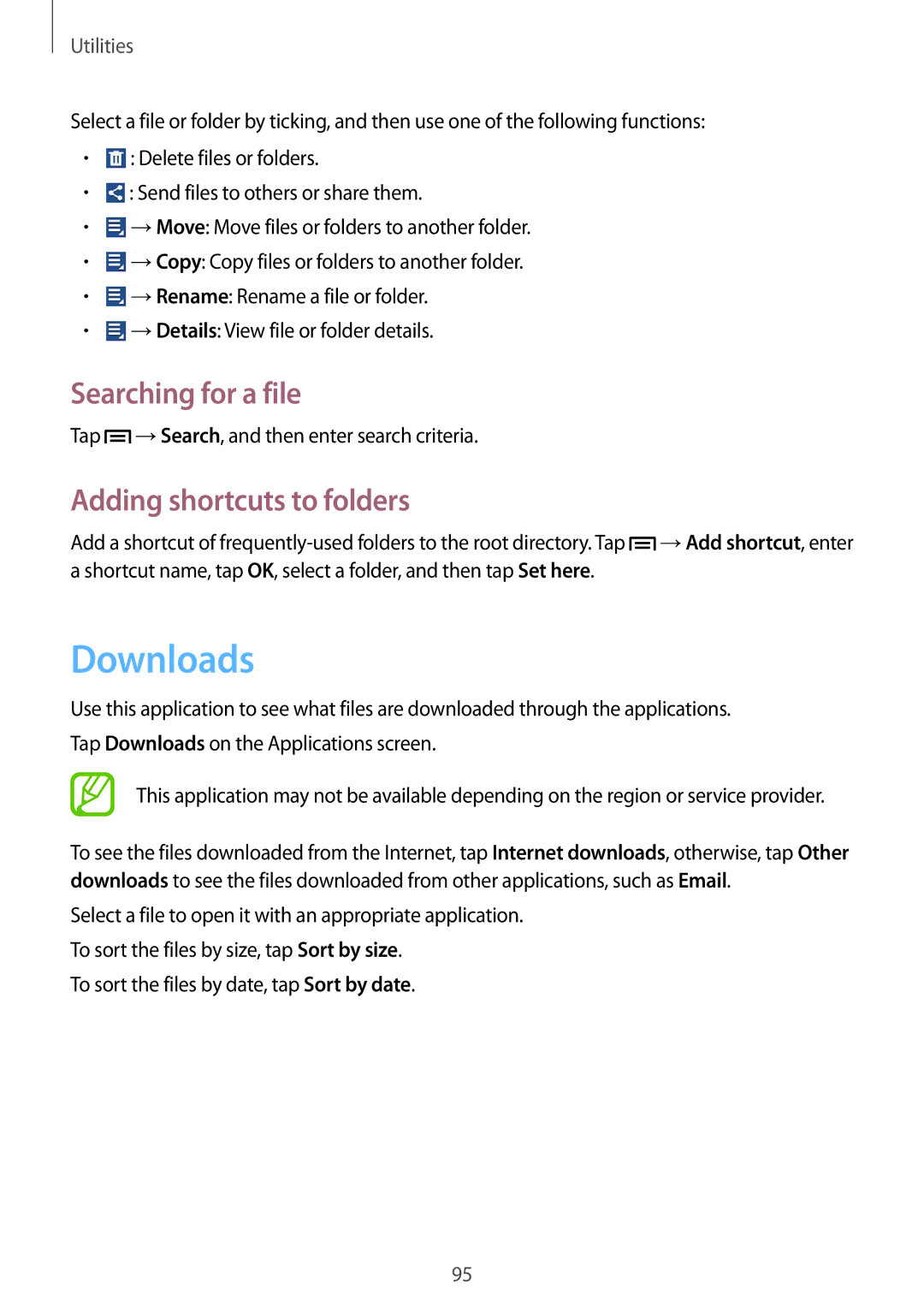 Samsung SM-G386FZWAORX, SM-G386FZKAPRT, SM-G386FZWADBT manual Downloads, Searching for a file, Adding shortcuts to folders 