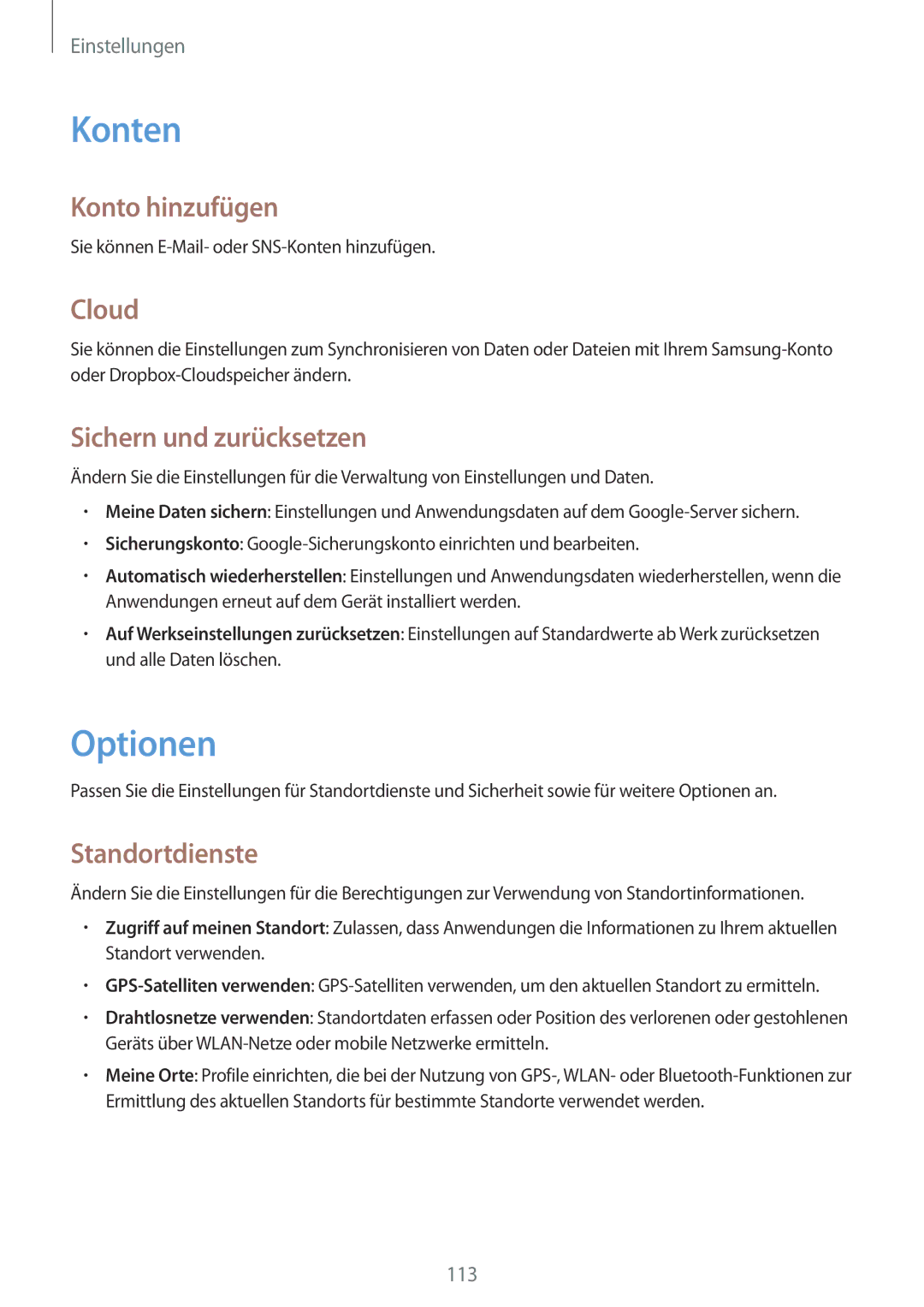 Samsung SM-G386FZWADBT, SM-G386FZKAPRT, SM-G386FZWASEB, SM-G386FZKASEB, SM-G386FZWAPRT, SM-G386FZKADBT manual Konten, Optionen 