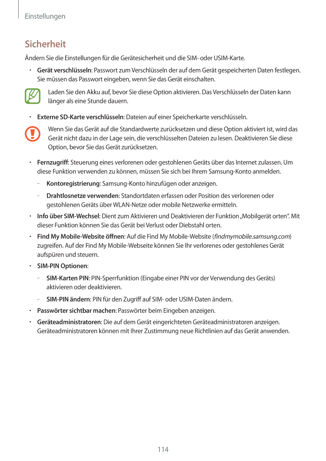 Samsung SM-G386FZWASEB, SM-G386FZKAPRT, SM-G386FZWADBT, SM-G386FZKASEB, SM-G386FZWAPRT manual Sicherheit, SIM-PIN Optionen 