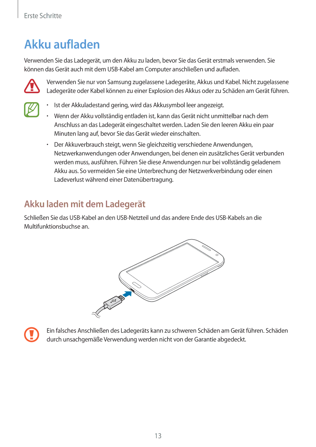 Samsung SM-G386FZWAXEF, SM-G386FZKAPRT, SM-G386FZWADBT, SM-G386FZWASEB manual Akku aufladen, Akku laden mit dem Ladegerät 