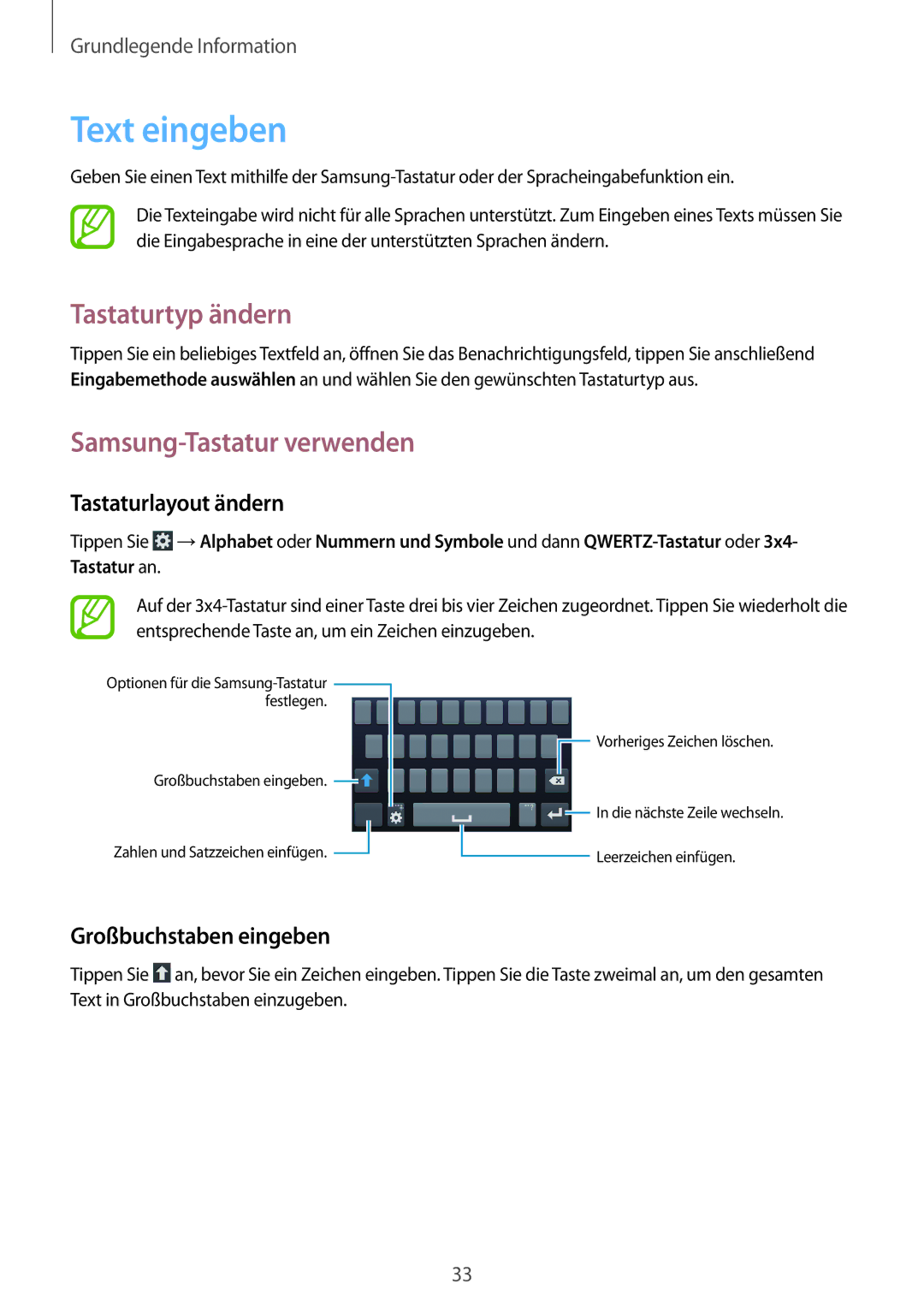 Samsung SM-G386FZKADBT manual Text eingeben, Tastaturtyp ändern, Samsung-Tastatur verwenden, Tastaturlayout ändern 