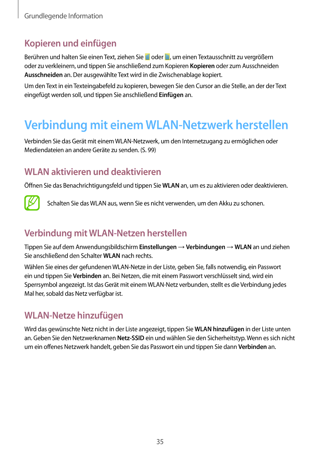 Samsung SM-G386FZKAPRT Kopieren und einfügen, Wlan aktivieren und deaktivieren, Verbindung mit WLAN-Netzen herstellen 