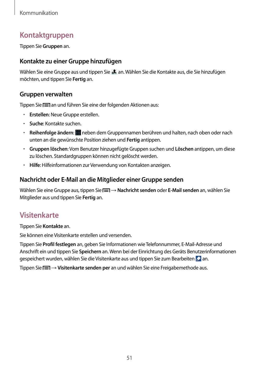 Samsung SM-G386FZWASEB manual Kontaktgruppen, Visitenkarte, Kontakte zu einer Gruppe hinzufügen, Gruppen verwalten 