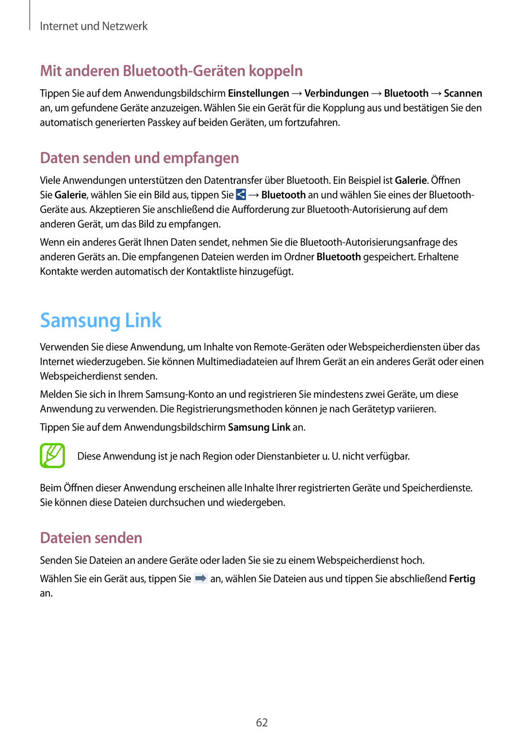 Samsung SM-G386FZWAXEF Samsung Link, Mit anderen Bluetooth-Geräten koppeln, Daten senden und empfangen, Dateien senden 