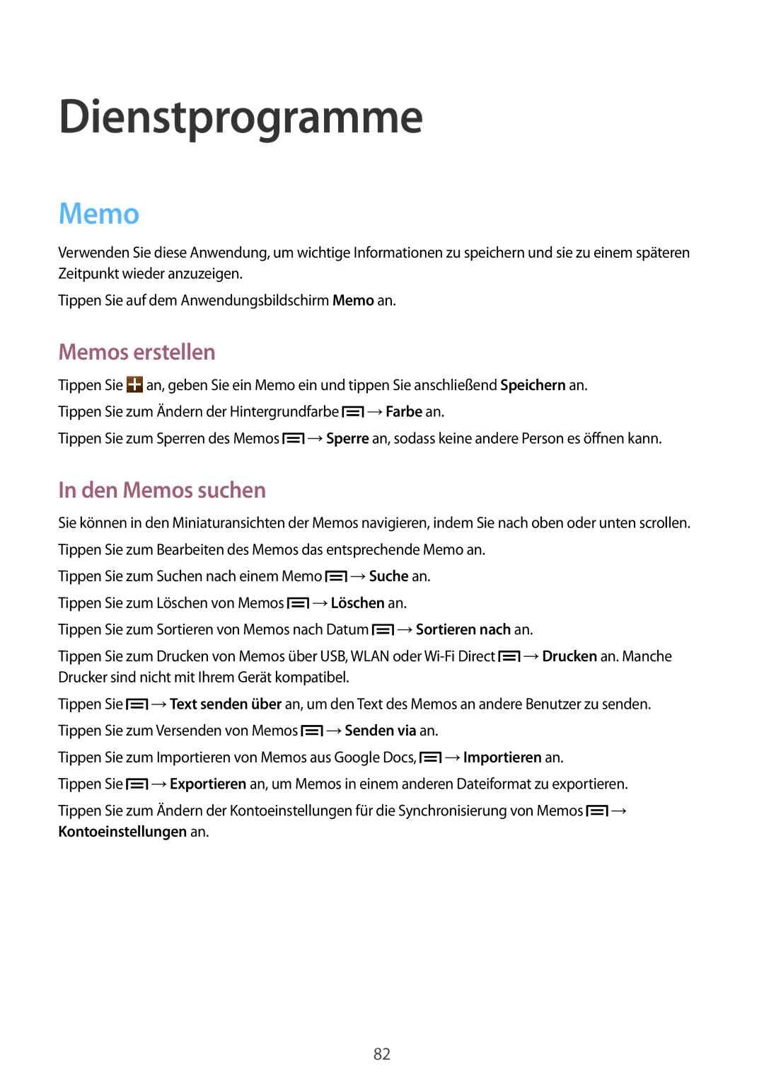 Samsung SM-G386FZKADBT, SM-G386FZKAPRT, SM-G386FZWADBT manual Dienstprogramme, Memos erstellen, Den Memos suchen 