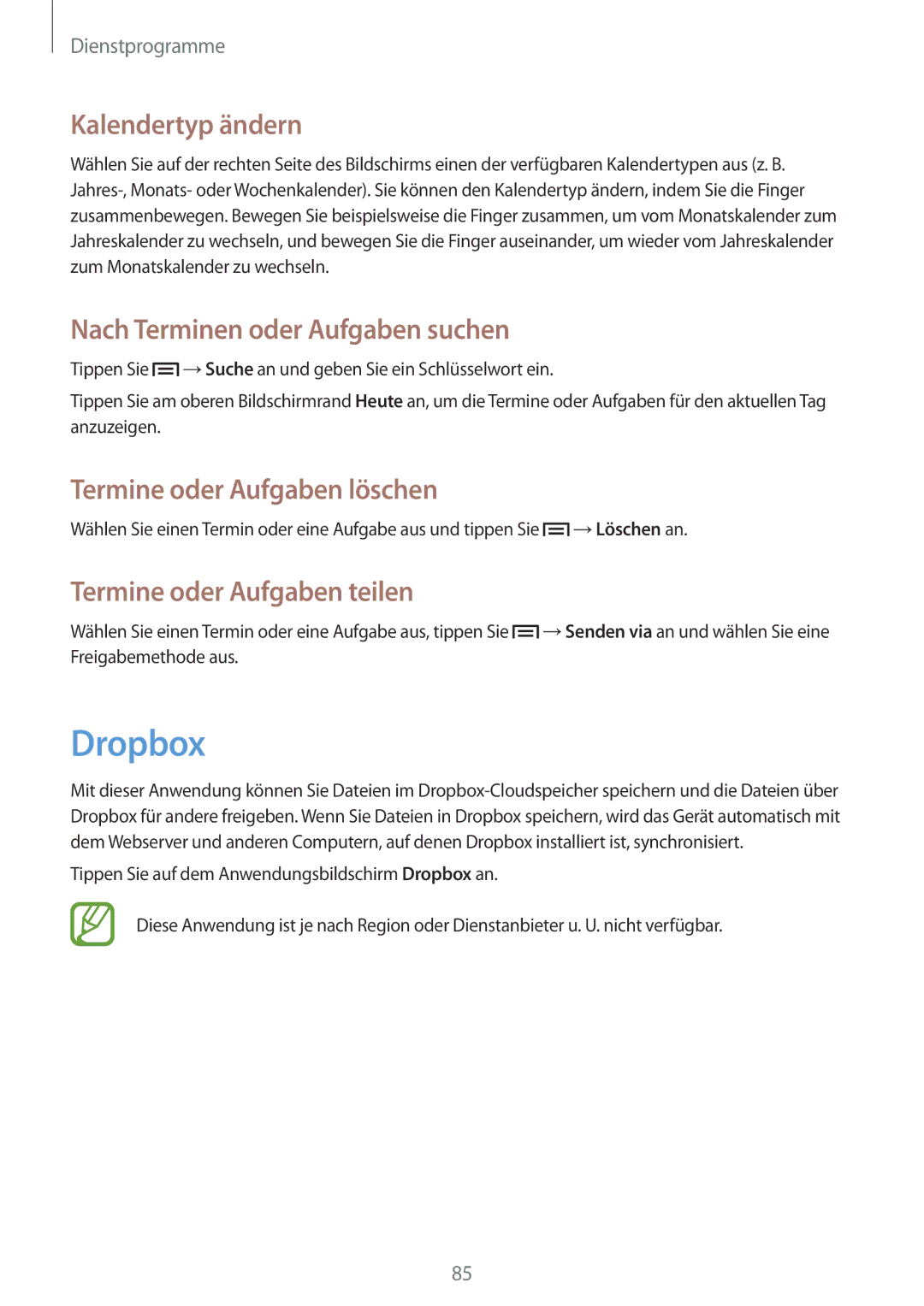 Samsung SM-G386FZWADBT Dropbox, Kalendertyp ändern, Nach Terminen oder Aufgaben suchen, Termine oder Aufgaben löschen 