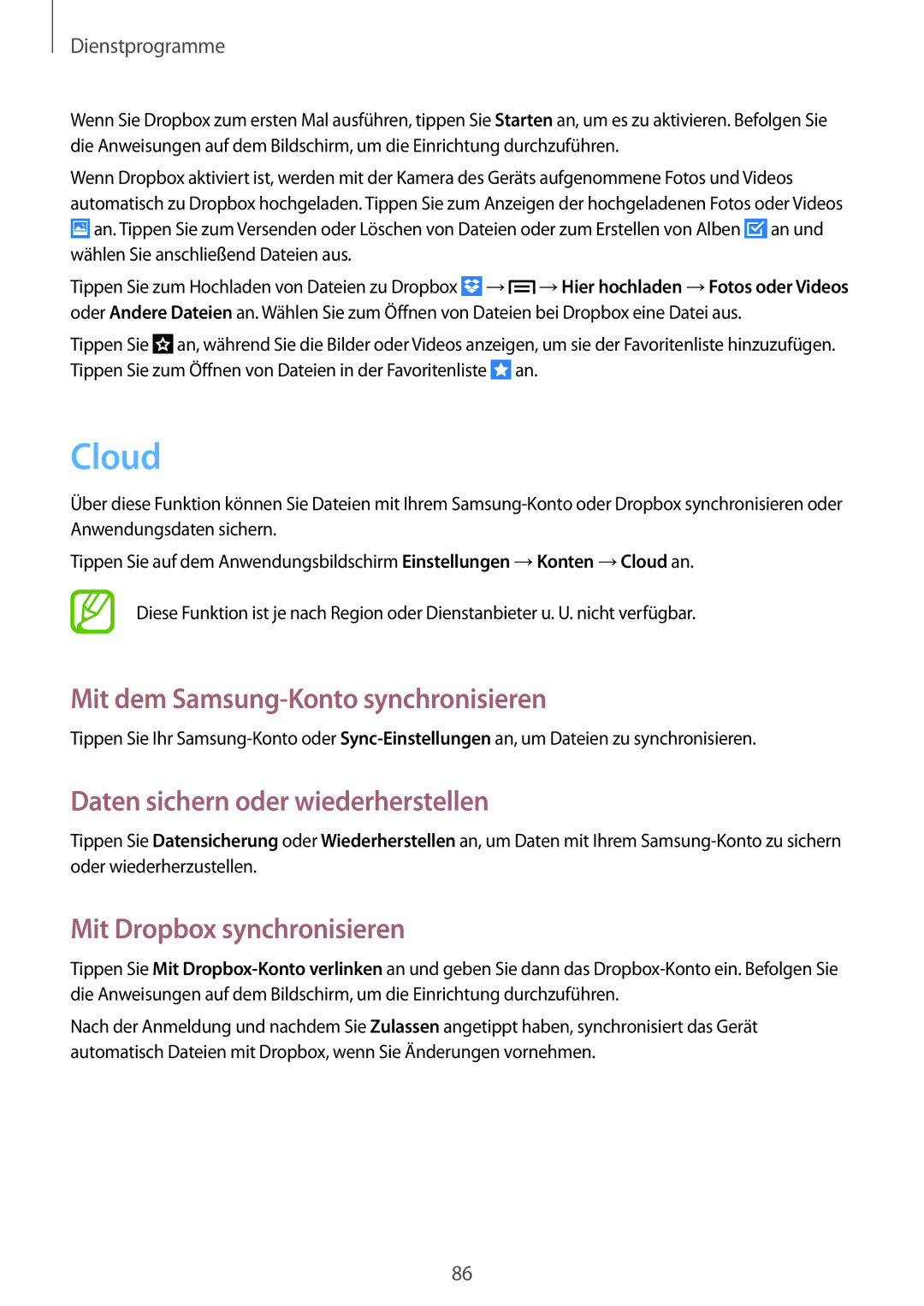 Samsung SM-G386FZWASEB, SM-G386FZKAPRT Cloud, Mit dem Samsung-Konto synchronisieren, Daten sichern oder wiederherstellen 
