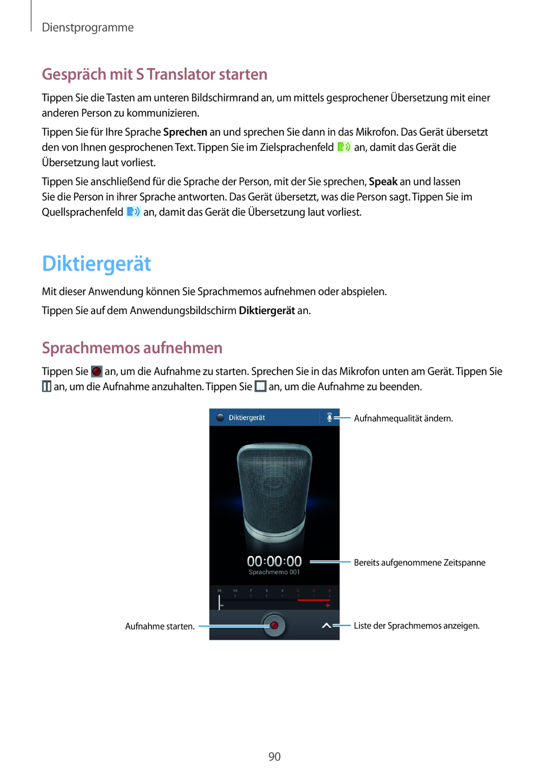 Samsung SM-G386FZWAXEF, SM-G386FZKAPRT manual Diktiergerät, Gespräch mit S Translator starten, Sprachmemos aufnehmen 