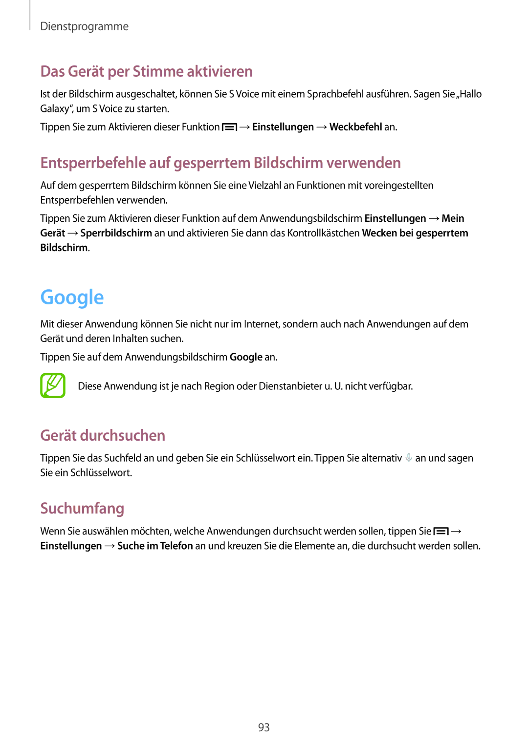 Samsung SM-G386FZWASEB manual Google, Das Gerät per Stimme aktivieren, Entsperrbefehle auf gesperrtem Bildschirm verwenden 