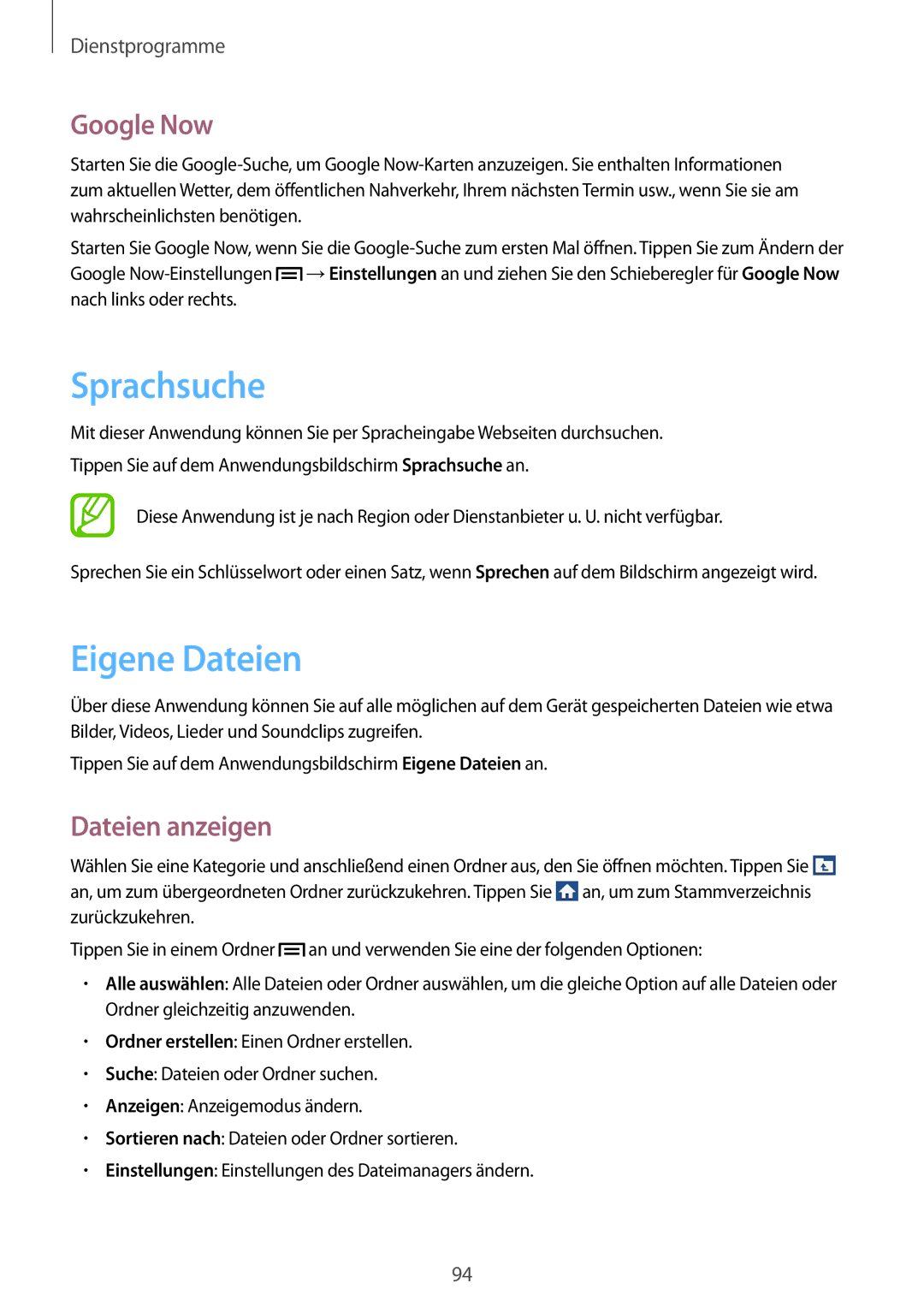 Samsung SM-G386FZKASEB, SM-G386FZKAPRT, SM-G386FZWADBT manual Sprachsuche, Eigene Dateien, Google Now, Dateien anzeigen 
