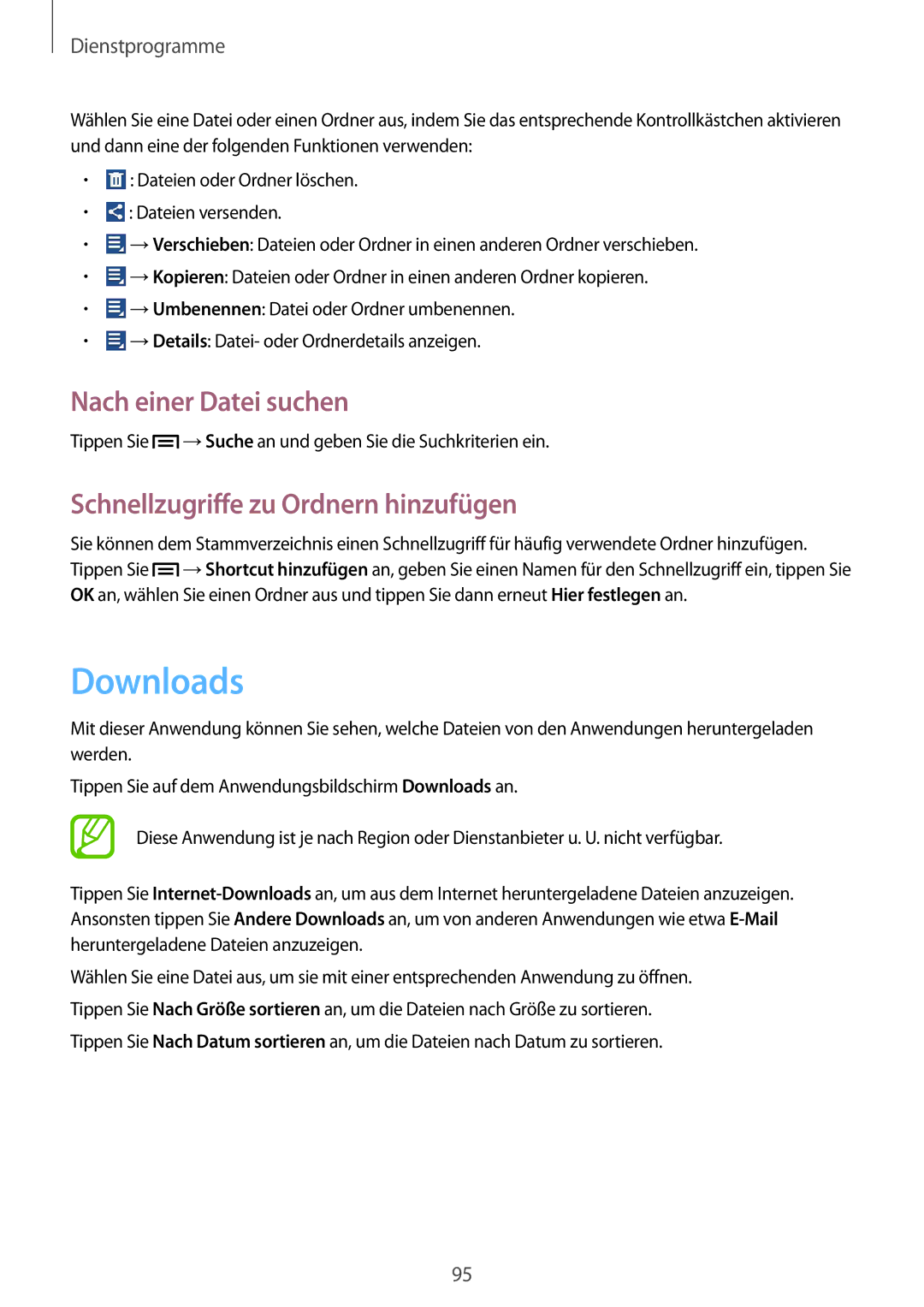 Samsung SM-G386FZWAPRT, SM-G386FZKAPRT manual Downloads, Nach einer Datei suchen, Schnellzugriffe zu Ordnern hinzufügen 