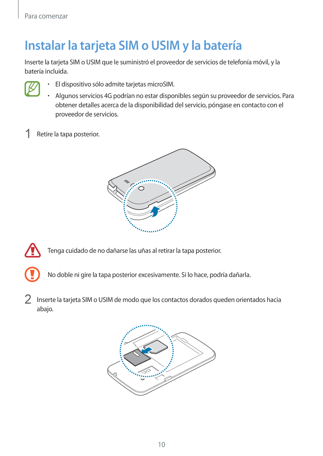 Samsung SM-G386FZWAAMO, SM-G386FZWAROM, SM-G386FZKAAMO manual Instalar la tarjeta SIM o Usim y la batería 