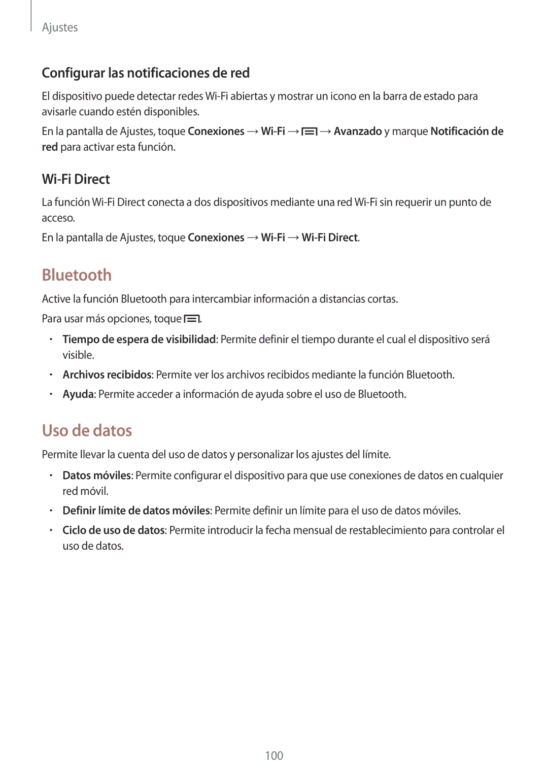 Samsung SM-G386FZWAAMO, SM-G386FZWAROM manual Bluetooth, Uso de datos, Configurar las notificaciones de red, Wi-Fi Direct 