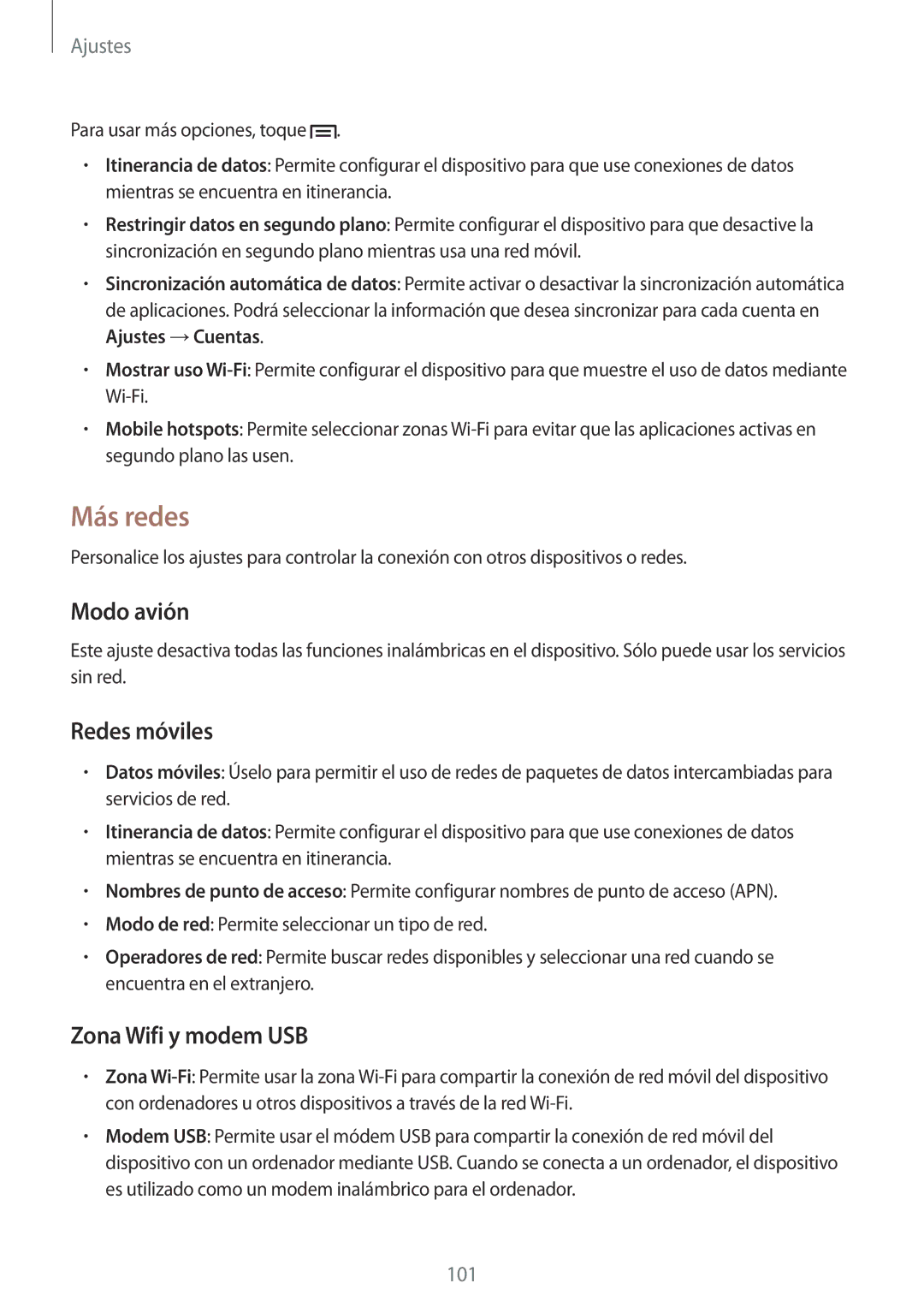 Samsung SM-G386FZKAAMO, SM-G386FZWAROM, SM-G386FZWAAMO manual Más redes, Modo avión, Redes móviles, Zona Wifi y modem USB 