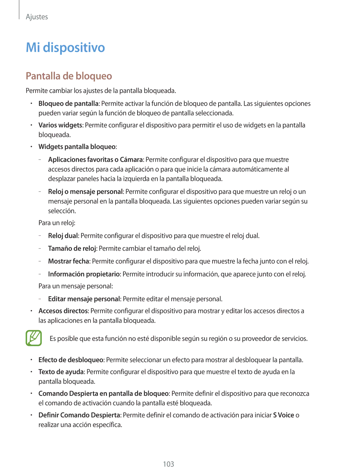 Samsung SM-G386FZWAAMO, SM-G386FZWAROM, SM-G386FZKAAMO manual Mi dispositivo, Pantalla de bloqueo, Widgets pantalla bloqueo 