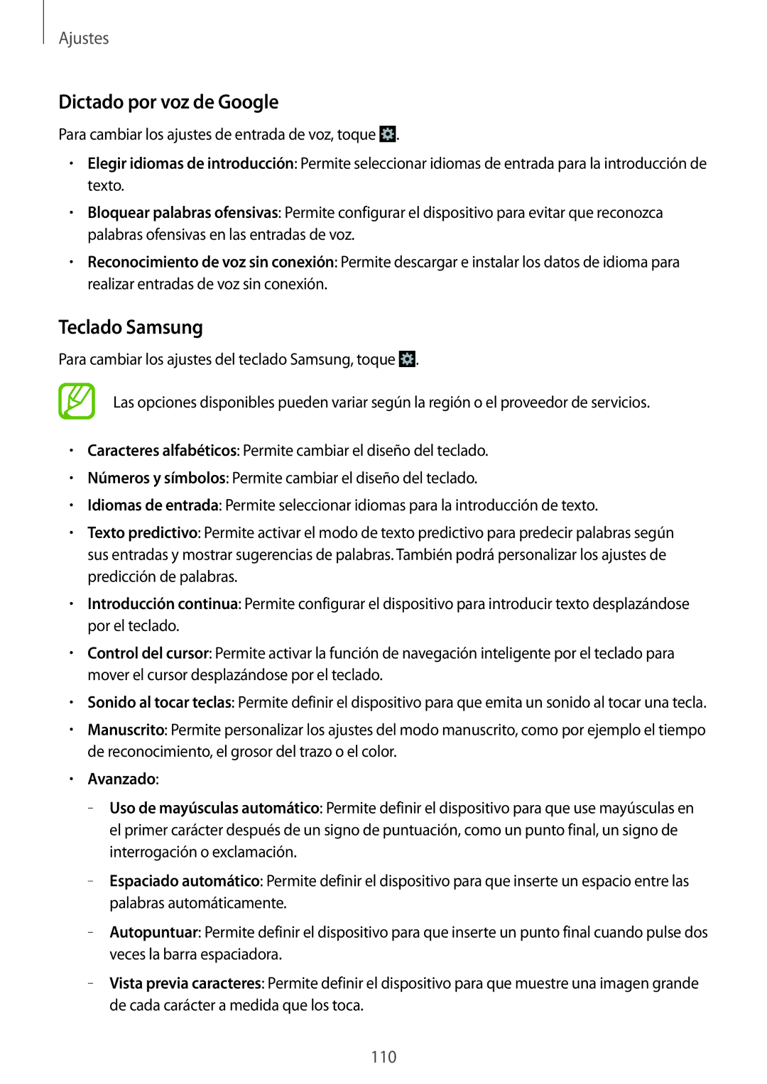 Samsung SM-G386FZKAAMO, SM-G386FZWAROM, SM-G386FZWAAMO manual Dictado por voz de Google, Teclado Samsung, Avanzado 