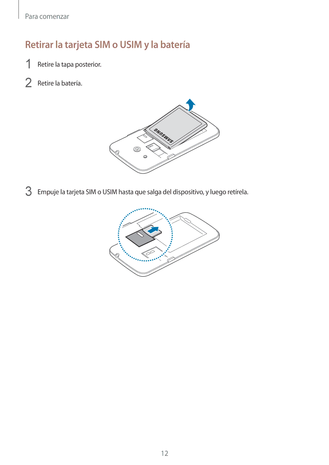 Samsung SM-G386FZWAROM, SM-G386FZWAAMO, SM-G386FZKAAMO manual Retirar la tarjeta SIM o Usim y la batería 