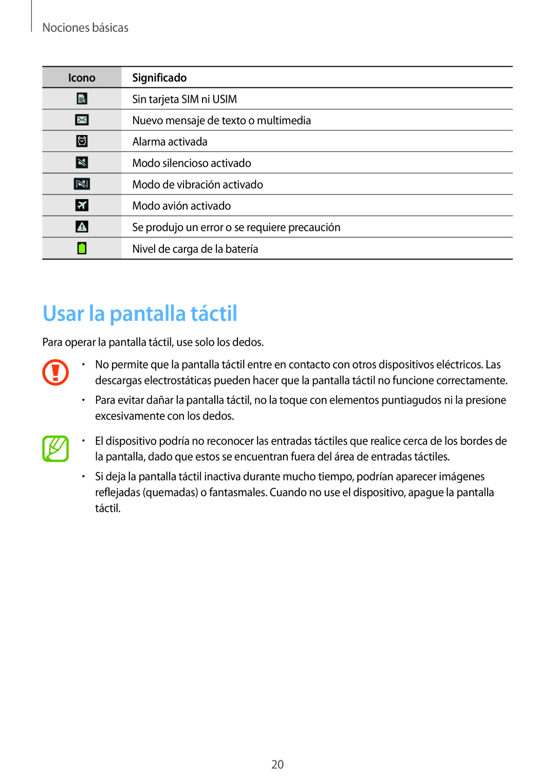 Samsung SM-G386FZKAAMO, SM-G386FZWAROM, SM-G386FZWAAMO manual Usar la pantalla táctil, Nociones básicas 