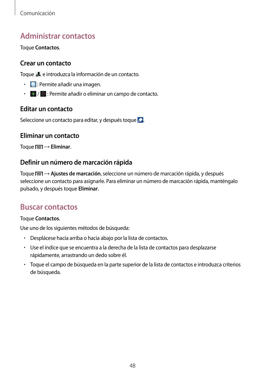 Samsung SM-G386FZWAROM, SM-G386FZWAAMO, SM-G386FZKAAMO manual Administrar contactos, Buscar contactos 