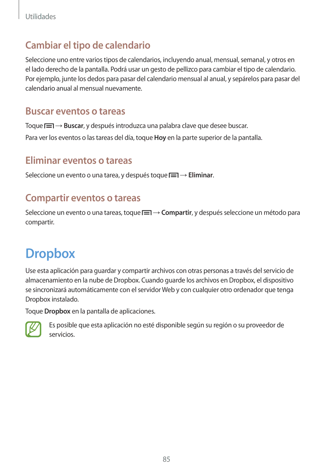 Samsung SM-G386FZWAAMO manual Dropbox, Cambiar el tipo de calendario, Buscar eventos o tareas, Eliminar eventos o tareas 