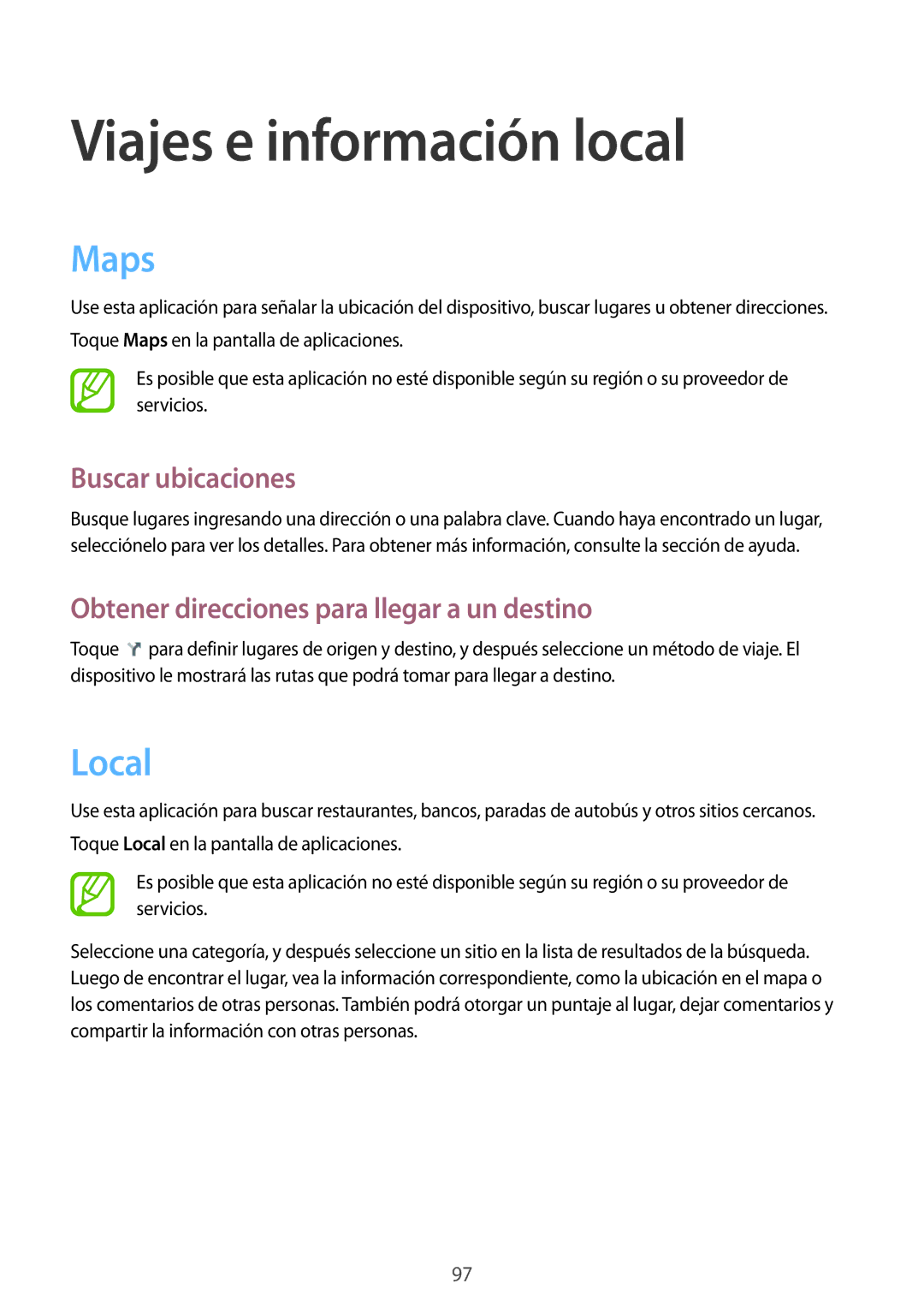 Samsung SM-G386FZWAAMO, SM-G386FZWAROM, SM-G386FZKAAMO manual Viajes e información local, Maps, Local, Buscar ubicaciones 