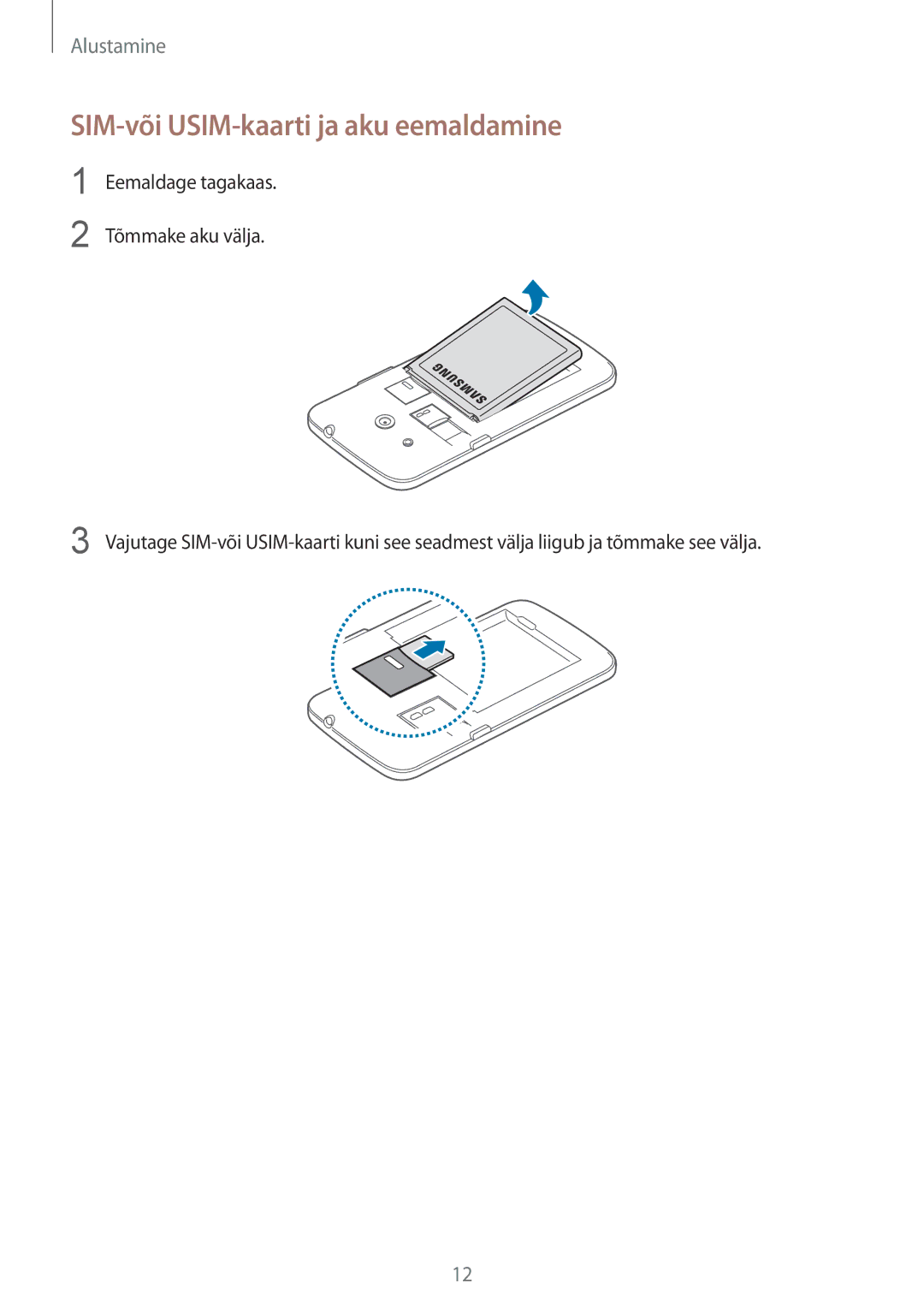 Samsung SM-G386FZWASEB, SM-G386FZKASEB manual SIM-või USIM-kaarti ja aku eemaldamine 