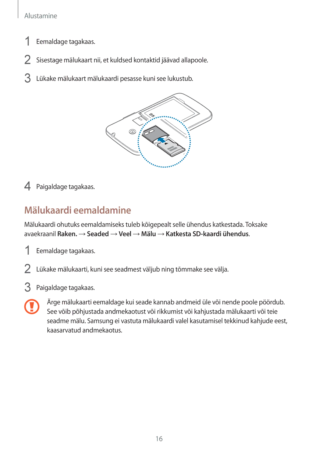 Samsung SM-G386FZWASEB, SM-G386FZKASEB manual Mälukaardi eemaldamine 